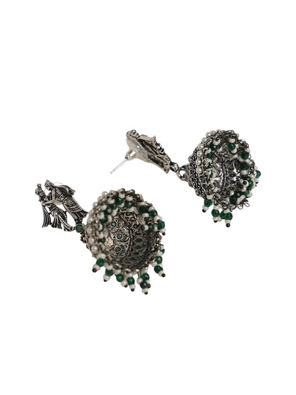 Oxidised Jhumka Earrings with Krishna-Radha Top & Pearl Beads