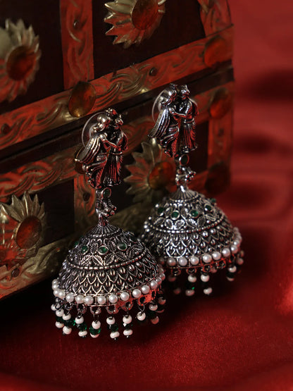 Oxidised Jhumka Earrings with Krishna-Radha Top & Pearl Beads