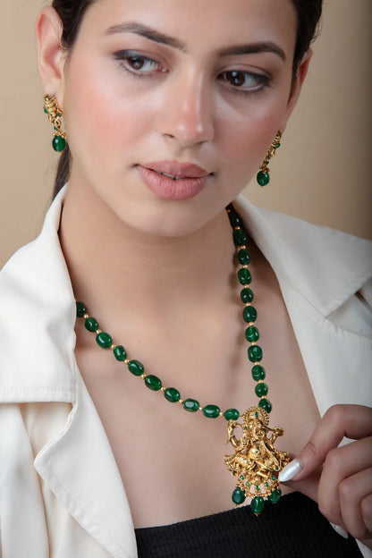 Green Beaded Ganesh Pendant Set with Earrings | Temple Jewelry in Gold Finish