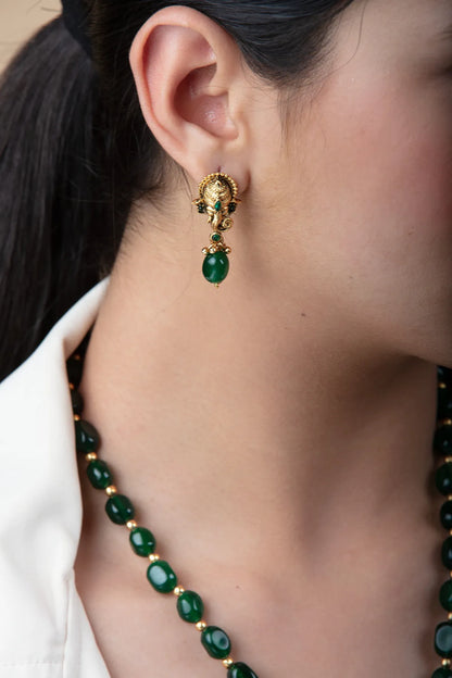Green Beaded Ganesh Pendant Set with Earrings | Temple Jewelry in Gold Finish