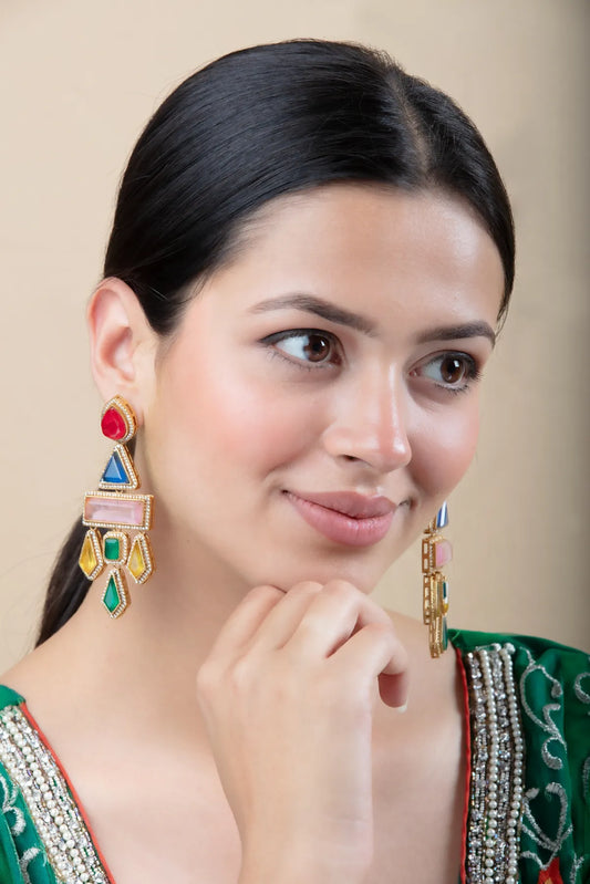 Multicolor Geometric Drop Earrings | Gold Finish, Festive Comfort