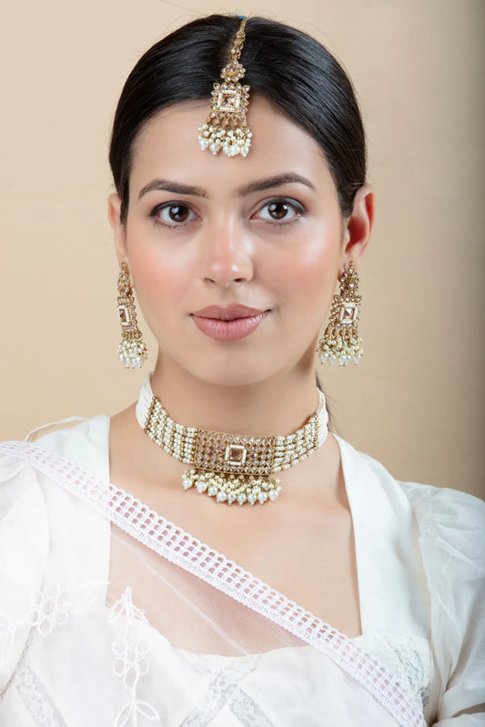 White & Pink Metal Necklace and Earrings Set for Women & Girls