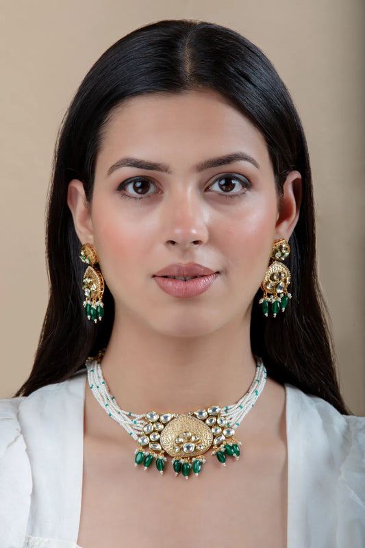 White Beaded Choker Set with Kundan Center & Green Drops