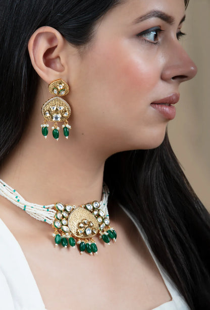 White Beaded Choker Set with Kundan Center & Green Drops