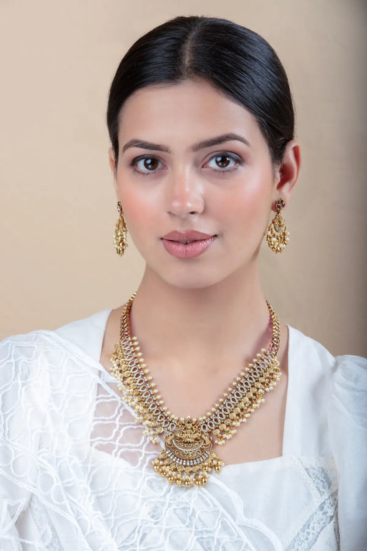 Gold Coin Necklace Set with Pearl Drops & Earrings | Wedding Jewelry