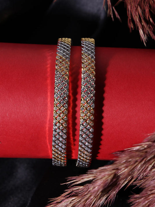 Gold-Silver Diagonal Stone Bangles | Lightweight, Full-Width Pair