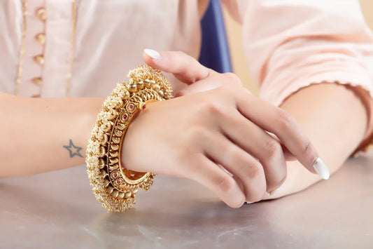 Bridal Temple Bangle with Pearl Drops & Antique Gold Finish – South Indian Design