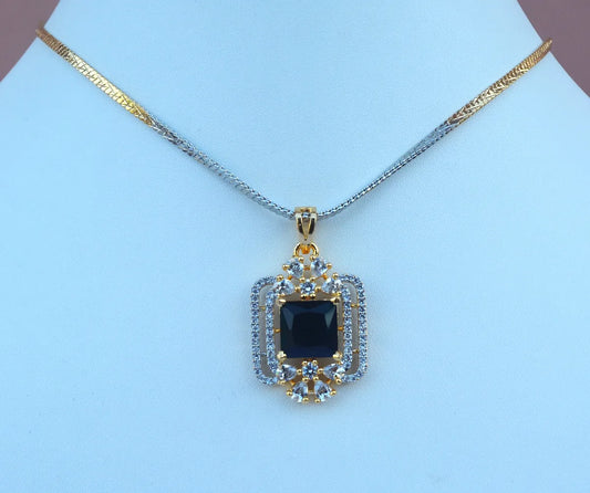 Square Blue Stone Pendant Set with Matching Earrings & Dual-Tone Chain