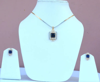 Square Blue Stone Pendant Set with Matching Earrings & Dual-Tone Chain