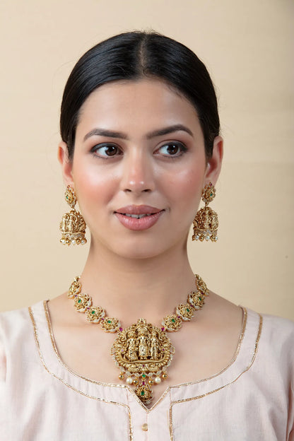 Ram Darbar Temple Jewelry Set with Jhumkas | Gold Finish