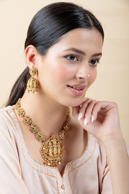 Ram Darbar Temple Jewelry Set with Jhumkas | Gold Finish