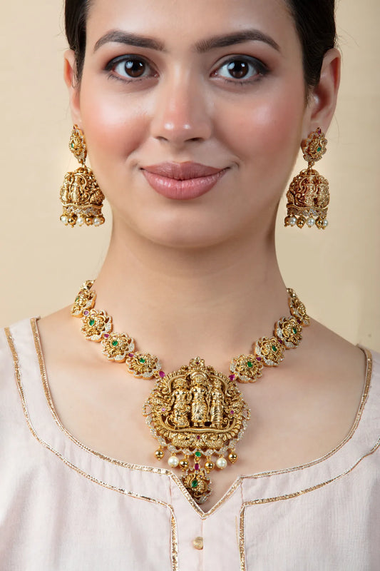 Ram Darbar Temple Jewelry Set with Jhumkas | Gold Finish