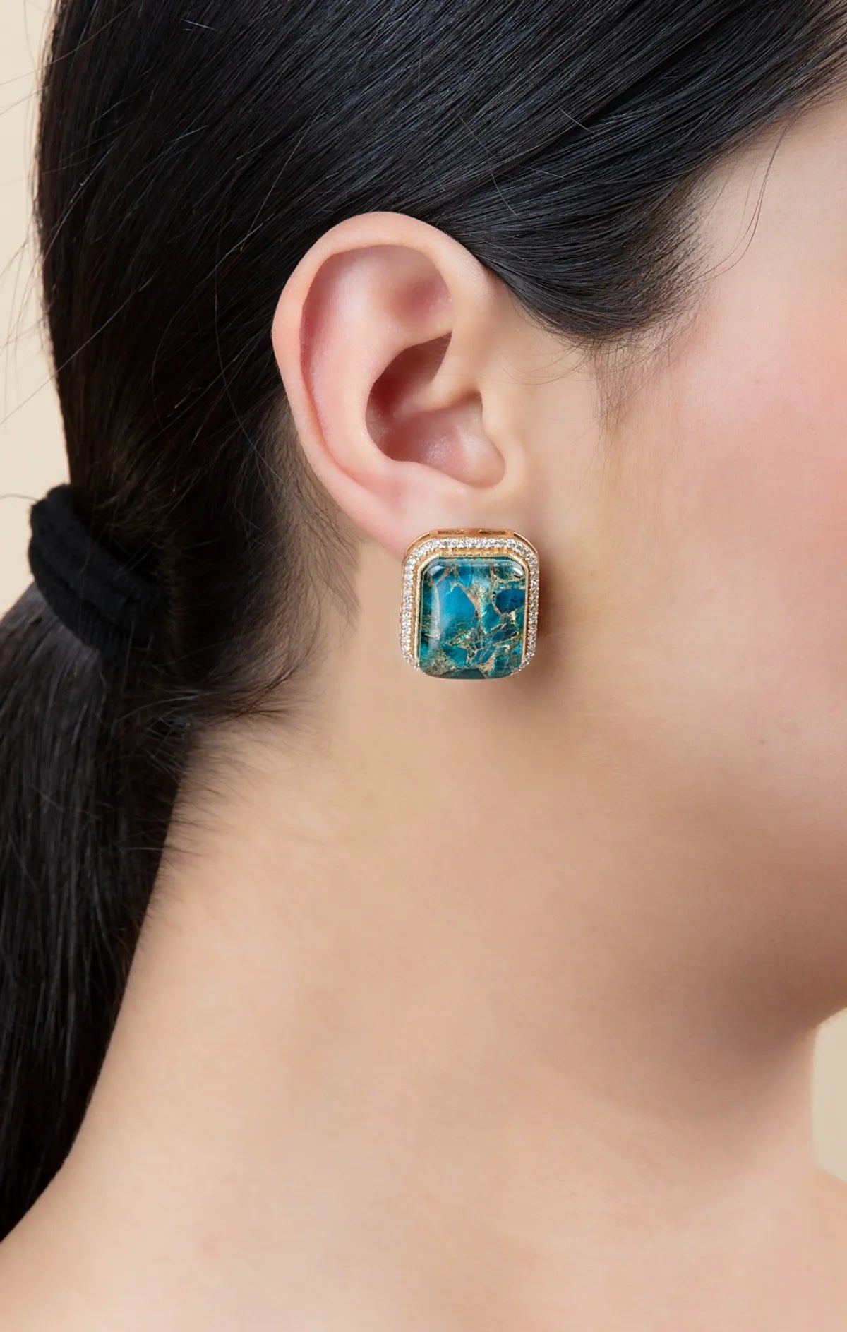 Square Blue Stone Stud Earrings with Gold Border | Daily Wear