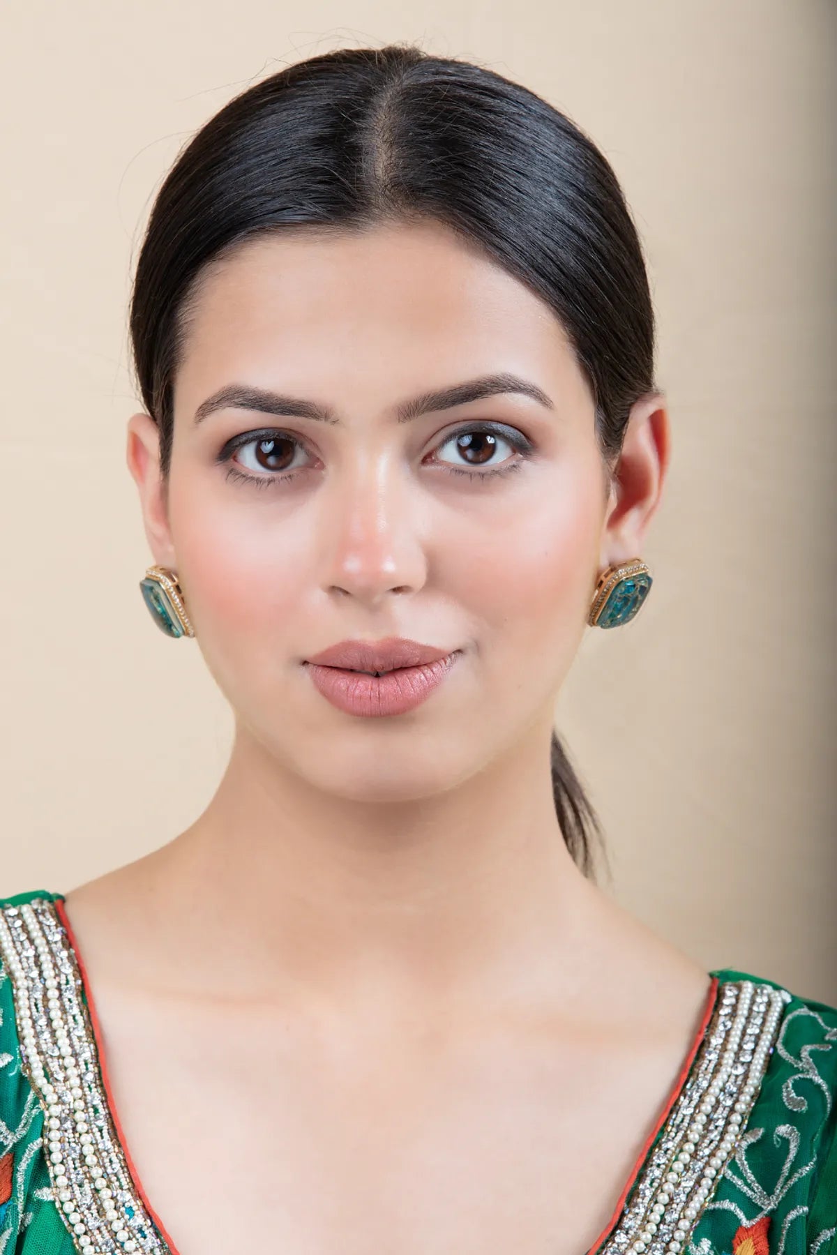 Square Blue Stone Stud Earrings with Gold Border | Daily Wear