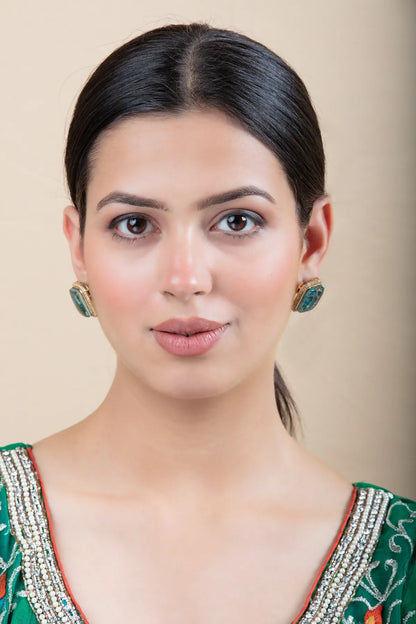 Square Blue Stone Stud Earrings with Gold Border | Daily Wear