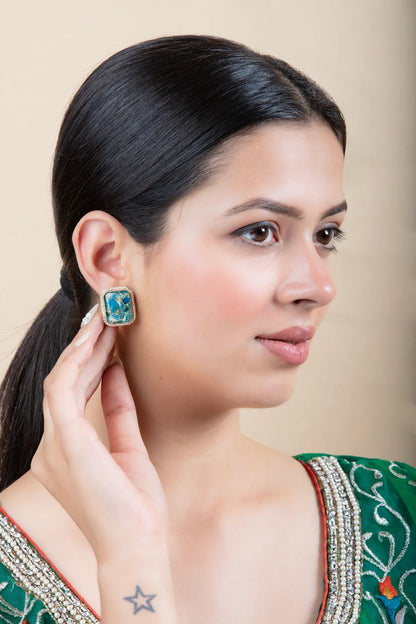 Square Blue Stone Stud Earrings with Gold Border | Daily Wear