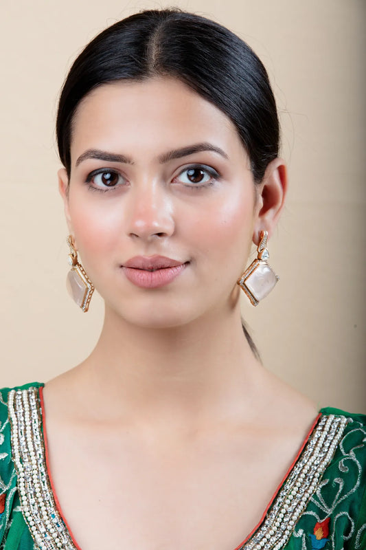 Peach Pink Square Earrings | Stone Border, Gold Finish