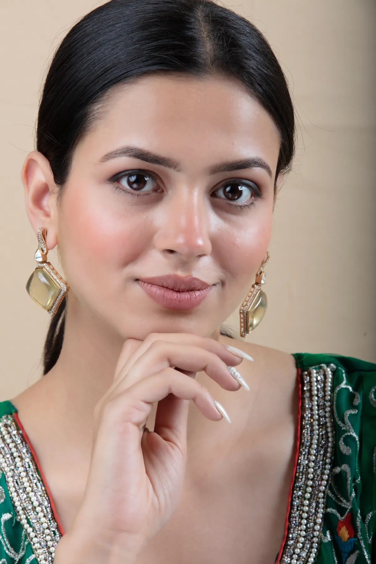 Light Brown Square Drop Earrings | Stone Border, Gold Finish