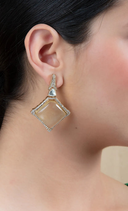 Light Brown Square Drop Earrings | Stone Border, Gold Finish