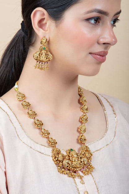 Temple Necklace Set with Lakshmi Earrings & Pearl Drops | Gold Finish