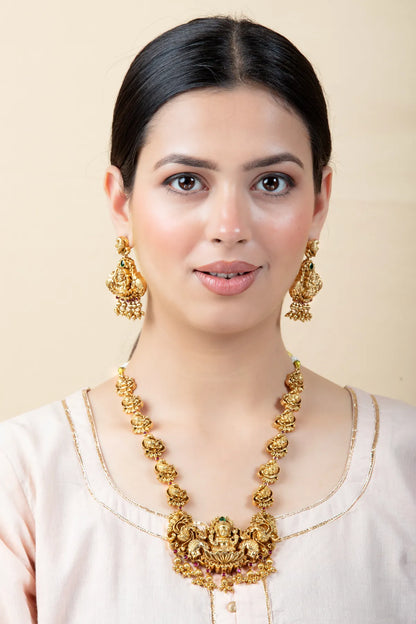 Temple Necklace Set with Lakshmi Earrings & Pearl Drops | Gold Finish