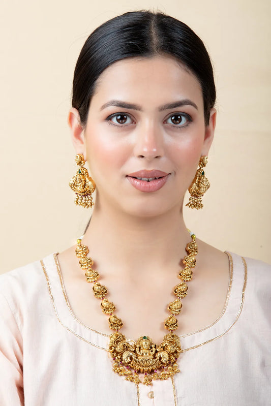 Temple Necklace Set with Lakshmi Earrings & Pearl Drops | Gold Finish
