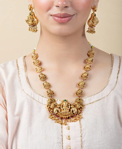 Temple Necklace Set with Lakshmi Earrings & Pearl Drops | Gold Finish