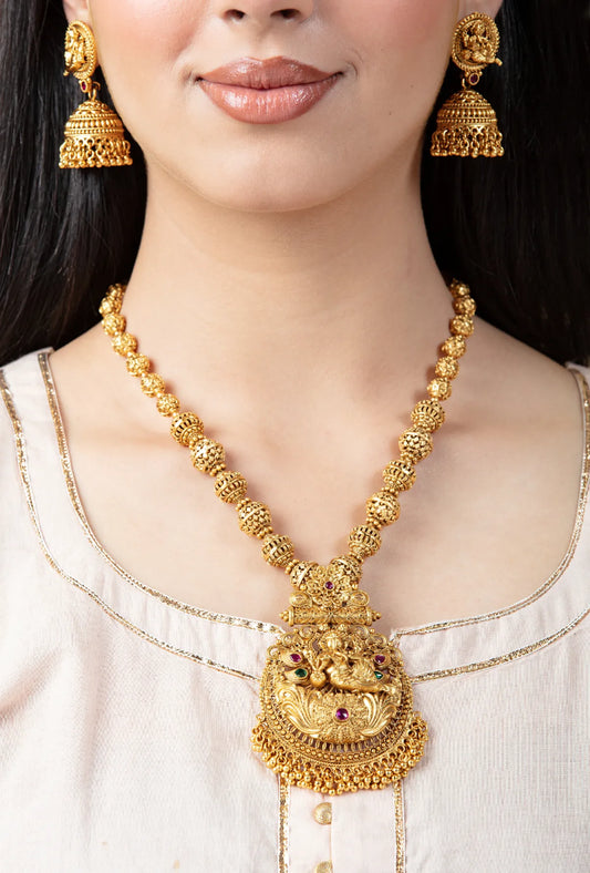 Gold Chariot Necklace Set with Long Earrings | Temple Style Jewelry