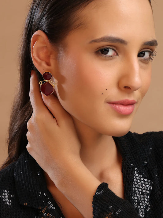 Red Geometric Stud Earrings with Gold Outline | Daily Wear Style