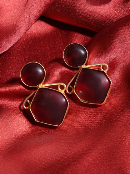 Red Geometric Stud Earrings with Gold Outline | Daily Wear Style