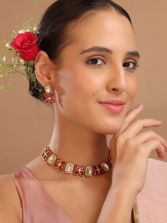 Gold Kundan Choker Set with Red Stones & Studs – Festive Wear