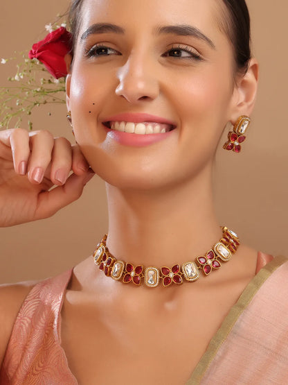 Gold Kundan Choker Set with Red Stones & Studs – Festive Wear
