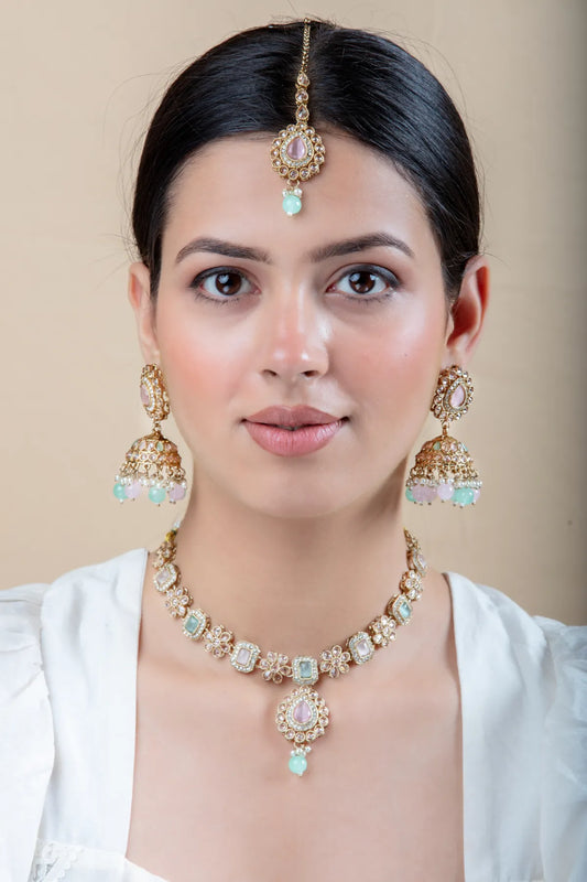 White & Golden Metal Premium Earring & Necklace Set For Women & Girls