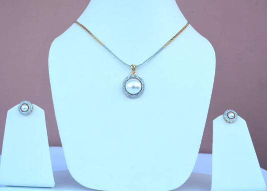 Round Pearl Pendant Set with Chain and White Stone Border