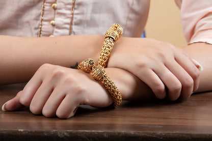 Antique Gold Broad Kada with Lion Head – Traditional Temple Style for Women