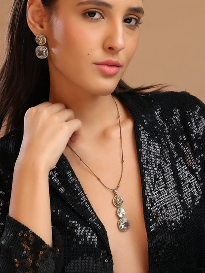 Triple Drop Mirror Pendant Set with Lion Medallion & Stud Earrings