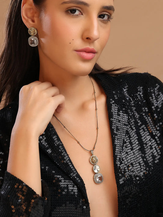Triple Drop Mirror Pendant Set with Lion Medallion & Stud Earrings