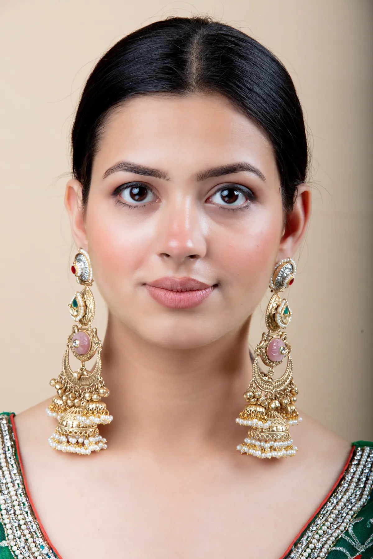 Long Golden Jhumka Earrings with Multicolor Stones and Pearl Details