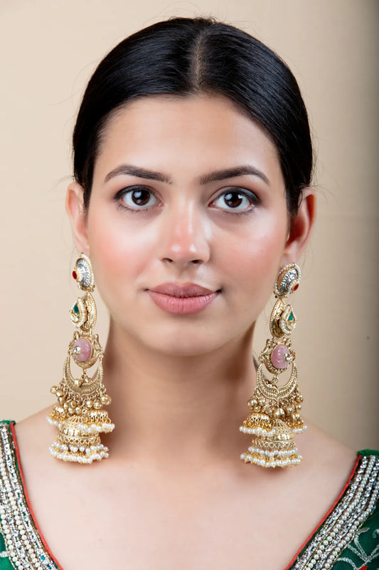 Long Golden Jhumka Earrings with Multicolor Stones and Pearl Details