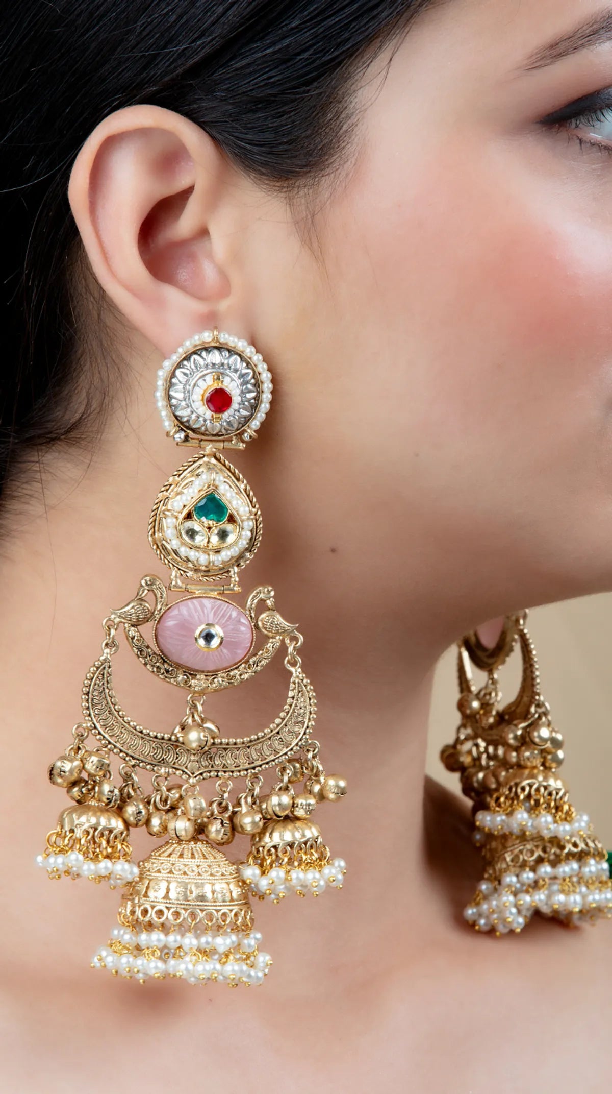 Long Golden Jhumka Earrings with Multicolor Stones and Pearl Details